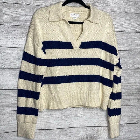 Velvet by Graham & Spencer Navy/White Cashmere Blend Old Money Coastal Nautical - Picture 3 of 9